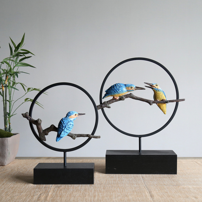 擺件家居飾品 新中式動(dòng)物樹(shù)脂工藝品 壁柜電視柜擺件小鳥(niǎo)圓環(huán)